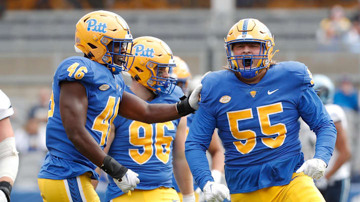 Sep 24, 2022; Pittsburgh, Pennsylvania, USA;  Pittsburgh Panthers defensive lineman Sean FitzSimmons (55) celebrates his sack with fellow defensive linemen Sam Williams (46) and Chris Maloney (96) against at Acrisure Stadium. Mandatory Credit: Charles LeClaire-Imagn Images