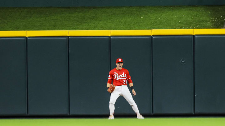 Jun 3, 2025; Cincinnati, Ohio, USA; Cincinnati Reds outfielder TJ Friedl (29) reacts after a play in the ninth inning against the Milwaukee Brewers at Great American Ball Park. Mandatory Credit: Katie Stratman-Imagn Images Jun 3, 2025; Cincinnati, Ohio, USA; Cincinnati Reds outfielder TJ Friedl (29) reacts after a play in the ninth inning against the Milwaukee Brewers at Great American Ball Park. Mandatory Credit: Katie Stratman-Imagn Images