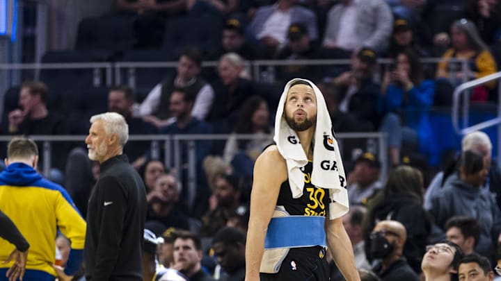 Mar 20, 2025; San Francisco, California, USA; Golden State Warriors guard Stephen Curry (30) watches a replay during a review of call during the first quarter against the Toronto Raptors at Chase Center. Mandatory Credit: John Hefti-Imagn Images