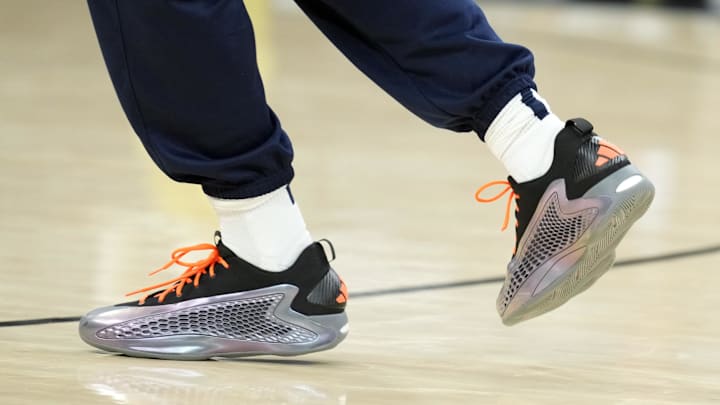 Nov 2, 2024; San Antonio, Texas, USA; Detailed view of the shoes worn by Minnesota Timberwolves guard Anthony Edwards (5) before a game against the San Antonio Spurs at Frost Bank Center.