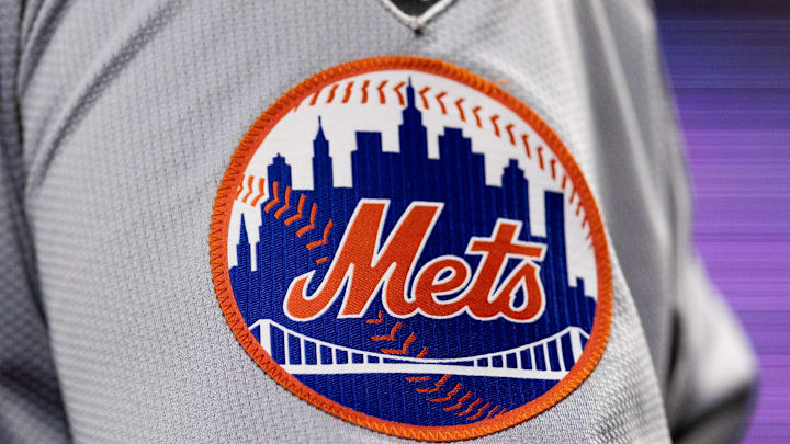 May 15, 2024; Philadelphia, Pennsylvania, USA; New York Mets logo on the sleeve of J.D. Martinez during a game against the Philadelphia Phillies at Citizens Bank Park. Mandatory Credit: Bill Streicher-Imagn Images