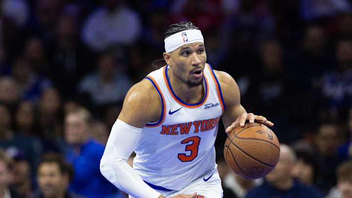 Nov 12, 2024; Philadelphia, Pennsylvania, USA; New York Knicks guard Josh Hart (3) dribbles the ball against the Philadelphia 76ers during the second quarter at Wells Fargo Center. Mandatory Credit: Bill Streicher-Imagn Images
