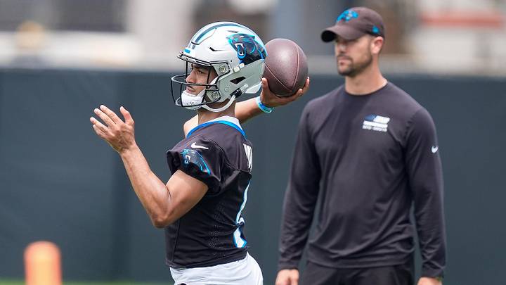 Jun 9, 2026; Charlotte, NC, USA; Carolina Panthers quarterback Bryce Young (9) throws in front of head coach Dave Canales during the first day of mini camp at Bank of America Stadium practice facility. Mandatory Credit: Jim Dedmon-Imagn Images Jun 9, 2026; Charlotte, NC, USA; Carolina Panthers quarterback Bryce Young (9) throws in front of head coach Dave Canales during the first day of mini camp at Bank of America Stadium practice facility. Mandatory Credit: Jim Dedmon-Imagn Images