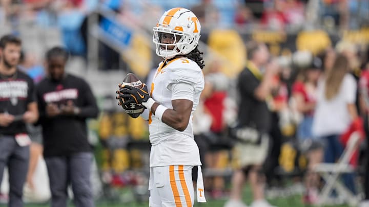 Sep 7, 2024; Charlotte, North Carolina, USA; Tennessee Volunteers wide receiver Squirrel White (3) during pregame activities against the North Carolina State Wolfpack at the Dukes Mayo Classic at Bank of America Stadium. Mandatory Credit: Jim Dedmon-Imagn Images