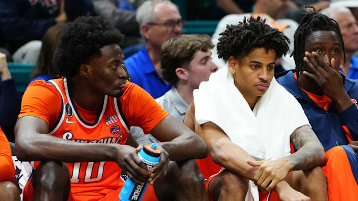 Nov 25, 2025; Las Vegas, Nevada, USA; Syracuse Orange forward Ibrahim Souare (10) and forward Kiyan Anthony (7) look on from the bench during the second half in a 2025 Players Era Festival group play game against the Kansas Jayhawks at MGM Grand Garden Arena. Mandatory Credit: Stephen R. Sylvanie-Imagn Images