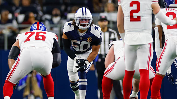 Nov 28, 2024; Arlington, Texas, USA; Dallas Cowboys linebacker Eric Kendricks (50) lines up against the New York Giants during the second quarter at AT&T Stadium. Mandatory Credit: Andrew Dieb-Imagn Images