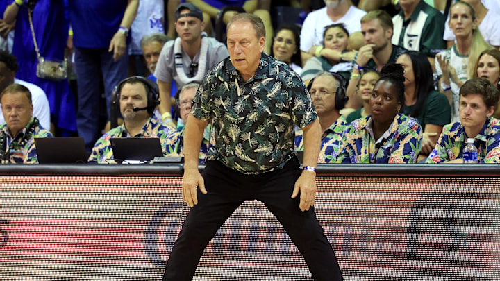 Nov 26, 2024; Lahaina, Hawaii, USA;  Michigan State Spartans head coach Tom Izzo reacts to play during the first half against the Memphis Tigers at Lahaina Civic Center. Mandatory Credit: Marco Garcia-Imagn Images