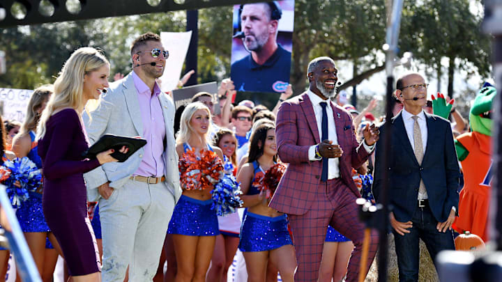 Laura Rutledge, the host of SCC Nation with Gator legend Tim Tebow, former Alabama player Roman Harper and sports analyst Paul Finebaum during taping of SCC Nation ahead of the annual Florida vs Georgia football game at EverBank Stadium in Jacksonville, FL, Saturday, October 27, 2023. [Bob Self/Florida Times-Union]