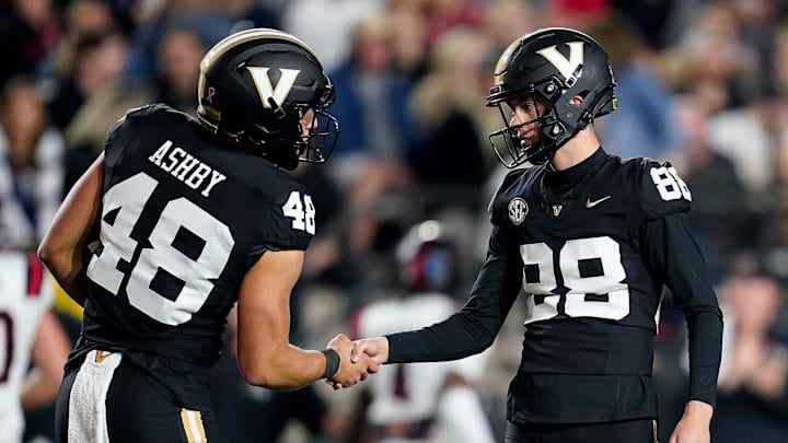 Vanderbilt place kicker Brock Taylor (88) celebrates his field goal against Ball State with long snapper Julian Ashby (48) during the fourth quarter at FirstBank Stadium in Nashville, Tenn., Saturday, Oct. 19, 2024.