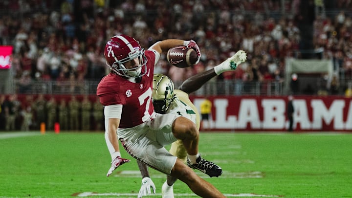 Sep 7, 2024; Tuscaloosa, Alabama, USA; South Florida Bulls defensive back Kajuan Banks (13) brings down Alabama Crimson Tide wide receiver Cole Adams (7) as he runs for the end zone during the fourth quarter at Bryant-Denny Stadium. Mandatory Credit: William McLelland-Imagn Images Sep 7, 2024; Tuscaloosa, Alabama, USA; South Florida Bulls defensive back Kajuan Banks (13) brings down Alabama Crimson Tide wide receiver Cole Adams (7) as he runs for the end zone during the fourth quarter at Bryant-Denny Stadium. Mandatory Credit: William McLelland-Imagn Images
