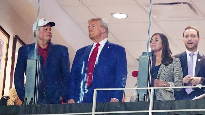 Sep 28, 2024; Tuscaloosa, Alabama, USA; GOP Presidential candidate Donald Trump watches the game between the Alabama Crimson Tide and the Georgia Bulldogs at Bryant-Denny Stadium. Sep 28, 2024; Tuscaloosa, Alabama, USA; GOP Presidential candidate Donald Trump watches the game between the Alabama Crimson Tide and the Georgia Bulldogs at Bryant-Denny Stadium.