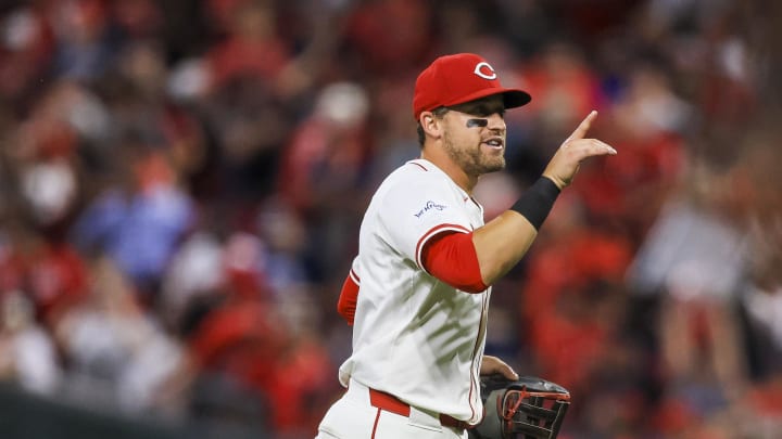 Jun 12, 2024; Cincinnati, Ohio, USA; Cincinnati Reds outfielder TJ Friedl (29) reacts after the victory over the Cleveland Guardians at Great American Ball Park. Mandatory Credit: Katie Stratman-USA TODAY Sports Jun 12, 2024; Cincinnati, Ohio, USA; Cincinnati Reds outfielder TJ Friedl (29) reacts after the victory over the Cleveland Guardians at Great American Ball Park. Mandatory Credit: Katie Stratman-USA TODAY Sports