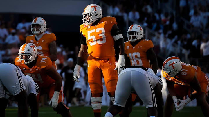 Tennessee offensive lineman Lance Heard (53) during a college football game between Tennessee and Mississippi State at Davis Wade Stadium in Starkville, Miss., on Sept. 27, 2025. Tennessee offensive lineman Lance Heard (53) during a college football game between Tennessee and Mississippi State at Davis Wade Stadium in Starkville, Miss., on Sept. 27, 2025.
