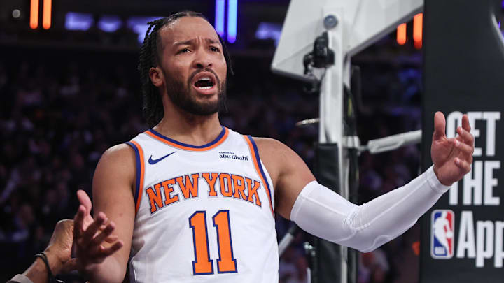 Nov 12, 2025; New York, New York, USA;  New York Knicks guard Jalen Brunson (11) reacts after getting called for a foul in the first quarter against the Orlando Magic at Madison Square Garden. Mandatory Credit: Wendell Cruz-Imagn Images
