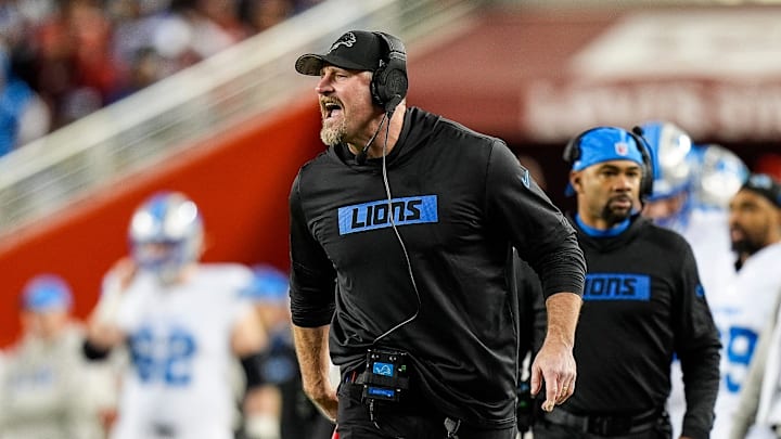 Detroit Lions head coach Dan Campbell reacts to a play against San Francisco 49ers during the first half at Levi's Stadium in Santa Clara, Calif. on Monday, Dec. 30, 2024.