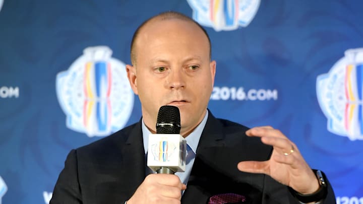 Mar 2, 2016; Toronto, Ontario, Canada;  Team North America associate general manager Stan Bowman speaks to media during a press conference for the upcoming 2016 World Cup of Hockey at Intercontinental Hotel. Mandatory Credit: Dan Hamilton-Imagn Images
