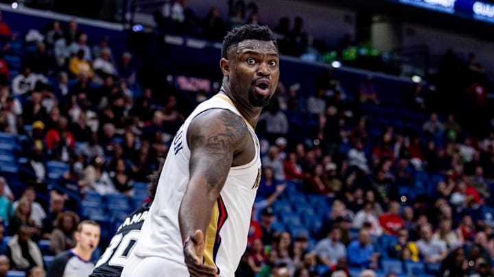 Feb 25, 2025; New Orleans, Louisiana, USA; New Orleans Pelicans forward Zion Williamson (1) reacts to a play against the San Antonio Spurs during the first half at Smoothie King Center. Mandatory Credit: Stephen Lew-Imagn Images Feb 25, 2025; New Orleans, Louisiana, USA; New Orleans Pelicans forward Zion Williamson (1) reacts to a play against the San Antonio Spurs during the first half at Smoothie King Center. Mandatory Credit: Stephen Lew-Imagn Images