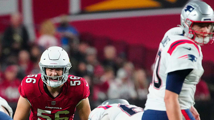 December 12, 2022; Glendale, Ariz; USA; Cardinals linebacker Ben Niemann (56) calls out to his team
