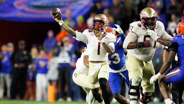 Nov 29, 2025; Gainesville, Florida, USA; Florida State Seminoles quarterback Tommy Castellanos (1) throws against the Florida Gators during the second half at Ben Hill Griffin Stadium. Mandatory Credit: Matt Pendleton-Imagn Images Nov 29, 2025; Gainesville, Florida, USA; Florida State Seminoles quarterback Tommy Castellanos (1) throws against the Florida Gators during the second half at Ben Hill Griffin Stadium. Mandatory Credit: Matt Pendleton-Imagn Images