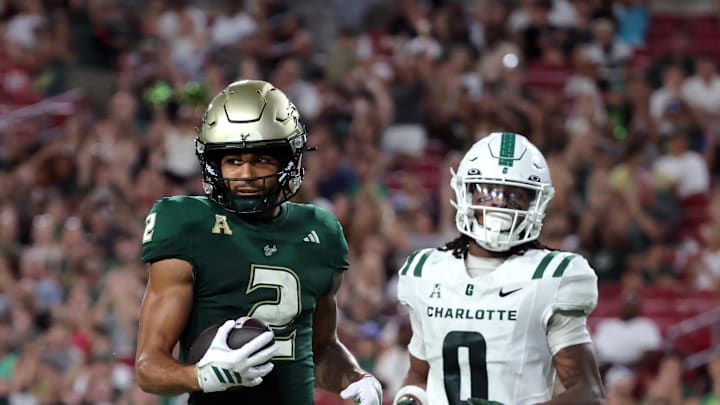 Chas Nimrod pulled in this touchdown catch as the USF Bulls rolled past Charlotte to open the American Conference scnedule
