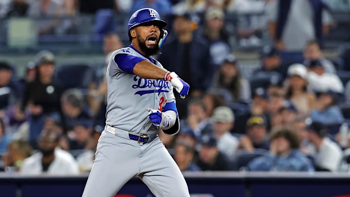 Oct 30, 2024; New York, New York, USA; Los Angeles Dodgers outfielder Teoscar Hernandez (37) celebrates after hitting a single during the ninth inning against the New York Yankees in Game 4 of the 2024 MLB World Series at Yankee Stadium. Oct 30, 2024; New York, New York, USA; Los Angeles Dodgers outfielder Teoscar Hernandez (37) celebrates after hitting a single during the ninth inning against the New York Yankees in Game 4 of the 2024 MLB World Series at Yankee Stadium.