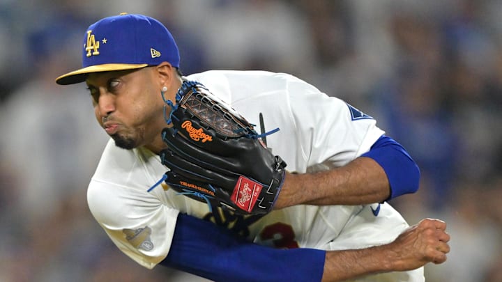 Mar 27, 2026; Los Angeles, California, USA;  Los Angeles Dodgers pitcher Edwin Diaz (3) delivers to the plate as he earns a save in the ninth inning against the Arizona Diamondbacks at Dodger Stadium. Mandatory Credit: Jayne Kamin-Oncea-Imagn Images