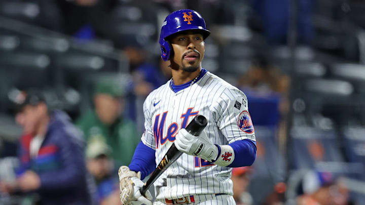 Oct 17, 2024; New York City, New York, USA; New York Mets shortstop Francisco Lindor (12) reacts after an out against the Los Angeles Dodgers in the ninth inning during game four of the NLCS for the 2024 MLB playoffs at Citi Field. Mandatory Credit: Brad Penner-Imagn Images