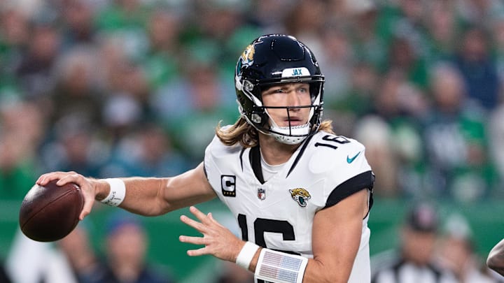 Nov 3, 2024; Philadelphia, Pennsylvania, USA; Jacksonville Jaguars quarterback Trevor Lawrence (16) passes the ball against the Philadelphia Eagles during the second quarter at Lincoln Financial Field. Mandatory Credit: Bill Streicher-Imagn Images