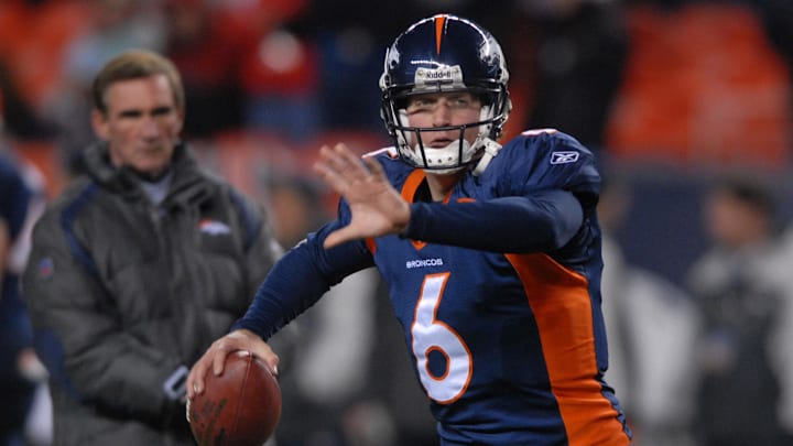 Dec. 3, 2006; Denver, CO, USA; Denver Broncos head coach Mike Shanahan looks on as quarterback (6) Jay Cutler warms up prior to the game against the Seattle Seahawks at Invesco Field at Mile High in Denver, Colorado. Dec. 3, 2006; Denver, CO, USA; Denver Broncos head coach Mike Shanahan looks on as quarterback (6) Jay Cutler warms up prior to the game against the Seattle Seahawks at Invesco Field at Mile High in Denver, Colorado.
