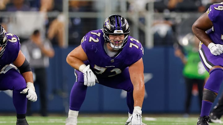 Sep 22, 2024; Arlington, Texas, USA; Baltimore Ravens guard Andrew Vorhees (72) lines up during the third quarter against the Dallas Cowboys at AT&T Stadium. Mandatory Credit: Andrew Dieb-Imagn Images