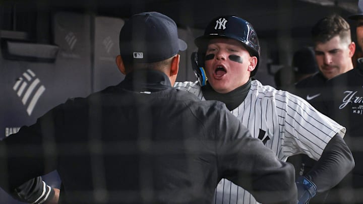 Apr 9, 2024; Bronx, New York, USA; New York Yankees left fielder Alex Verdugo (24) celebrates