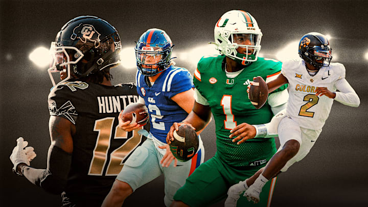 Travis Hunter (left), Jaxson Dart (center left), Cam Ward (center right) and Sheduer Sanders (right) lead their teams into the college football bowl season. 