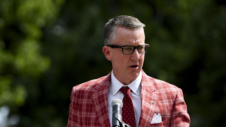 Sep 7, 2024; Tuscaloosa, Alabama, USA;  Athletics Director Greg Byrne speaks during a ceremony to rename the field at Bryant-Denny Stadium in honor of former Alabama  Crimson Tide head coach Nick Saban. The new name is Saban Field at Bryant-Denny Stadium.. Mandatory Credit: Gary Cosby Jr.-Imagn Images
