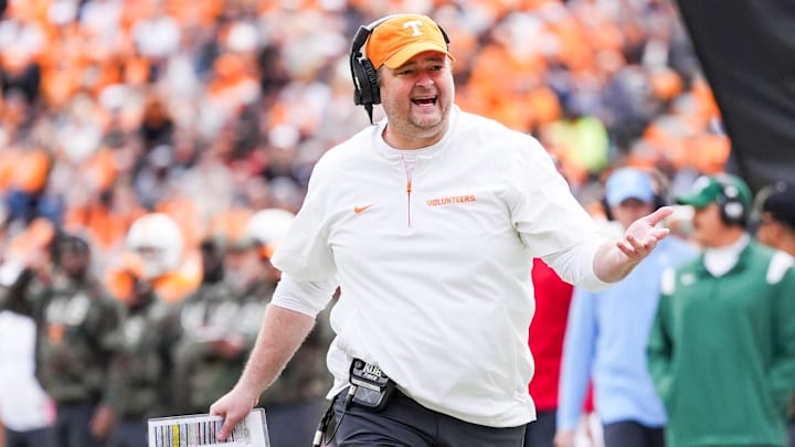 Tennessee head coach Josh Heupel questions a referee during a college football game between Tennessee and UTEP at Neyland Stadium in Knoxville, Tenn., Saturday, Nov. 23, 2024.