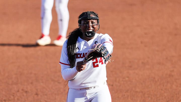 Texas Tech's Nijaree Canady (24) celebrates a strikeout during a Big 12 Conference softball game, Friday, March 13, 2026, at Rocky Johnson Field.