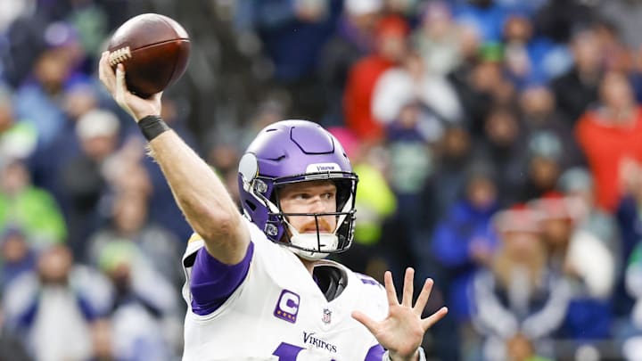 Minnesota Vikings quarterback Sam Darnold passes against the Seattle Seahawks.