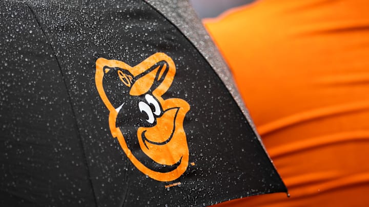 Aug 22, 2021; Baltimore, Maryland, USA; A Baltimore Orioles logo is seen on an umbrella during the game between the Baltimore Orioles and the Atlanta Braves at Oriole Park at Camden Yards. Mandatory Credit: Scott Taetsch-Imagn Images