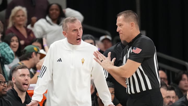 Feb 21, 2026; Waco, Texas, USA; Arizona State Sun Devils head coach Bobby Hurley disputes a call with an official during the first half against the Baylor Bears at Paul and Alejandra Foster Pavilion. Mandatory Credit: Chris Jones-Imagn Images Feb 21, 2026; Waco, Texas, USA; Arizona State Sun Devils head coach Bobby Hurley disputes a call with an official during the first half against the Baylor Bears at Paul and Alejandra Foster Pavilion. Mandatory Credit: Chris Jones-Imagn Images