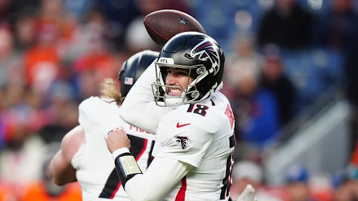 Nov 17, 2024; Denver, Colorado, USA; Atlanta Falcons quarterback Kirk Cousins (18) prepares to pass the ball in the fourth quarter against the Denver Broncos at Empower Field at Mile High. Mandatory Credit: Ron Chenoy-Imagn Images Nov 17, 2024; Denver, Colorado, USA; Atlanta Falcons quarterback Kirk Cousins (18) prepares to pass the ball in the fourth quarter against the Denver Broncos at Empower Field at Mile High. Mandatory Credit: Ron Chenoy-Imagn Images