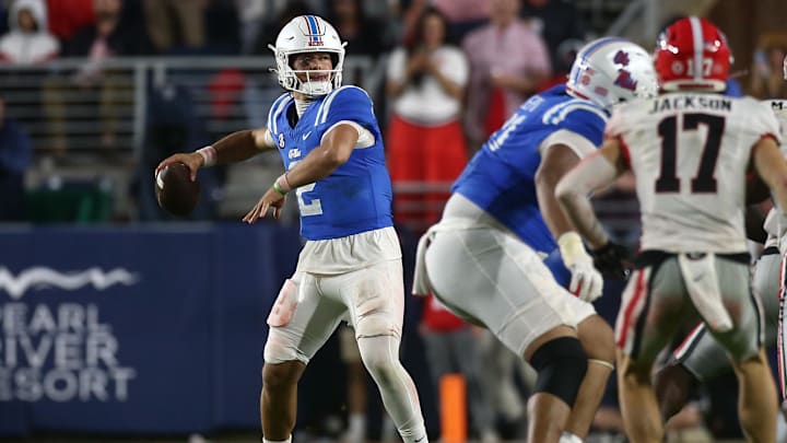 Nov 9, 2024; Oxford, Mississippi, USA; Mississippi Rebels quarterback Jaxson Dart (2) passes the ball during the second half against the Georgia Bulldogs at Vaught-Hemingway Stadium. Mandatory Credit: Petre Thomas-Imagn Images