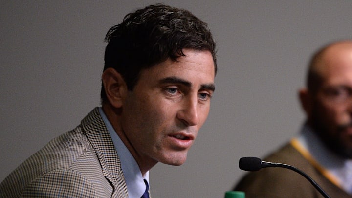 Oct 31, 2019; San Diego, CA, USA; San Diego Padres general manager AJ Preller (left) speaks to the media as manager Jayce Tingler is introduced at Petco Park. Mandatory Credit: Orlando Ramirez-Imagn Images
