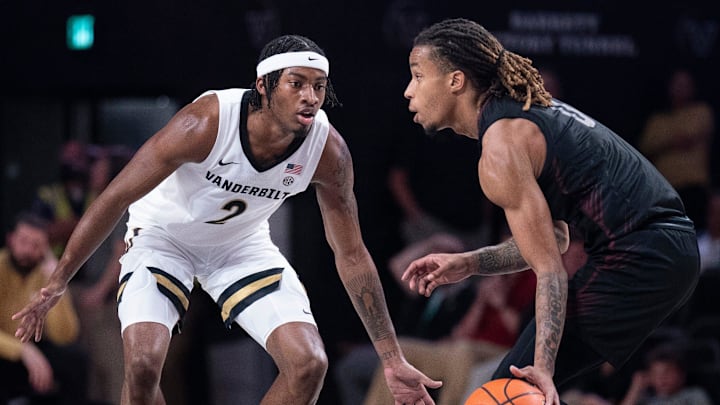 Vanderbilt Commodores guard MJ Collins Jr. (2) guards Maryland-Eastern Shore Hawks guard Ketron Shaw (0) during their game at Memorial Gym in Nashville, Tenn., Monday, Nov. 4, 2024.