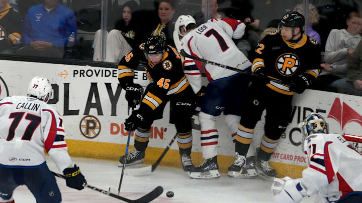 Providence Bruins center Fraser Minten and forward Fabian Lysell fighting for possession against Thundrbird Leo Loofin the second period.