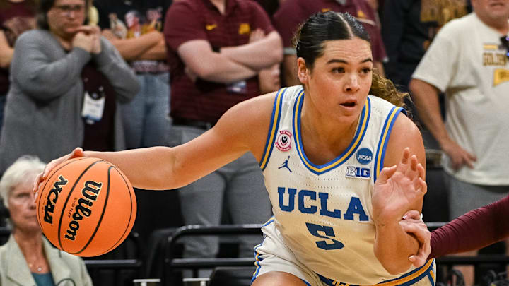 Mar 27, 2026; Sacramento, CA, USA; UCLA Bruins guard Charlisse Leger-Walker (5) drives against the Minnesota Golden Gophers during a Sweet Sixteen game of the Sacramento Regional 2 of the women's 2026 NCAA Tournament at Golden 1 Center. Mandatory Credit: Ed Szczepanski-Imagn Images Mar 27, 2026; Sacramento, CA, USA; UCLA Bruins guard Charlisse Leger-Walker (5) drives against the Minnesota Golden Gophers during a Sweet Sixteen game of the Sacramento Regional 2 of the women's 2026 NCAA Tournament at Golden 1 Center. Mandatory Credit: Ed Szczepanski-Imagn Images
