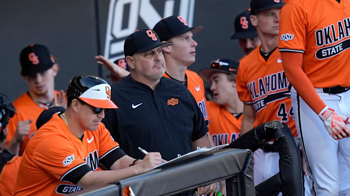 Oklahoma State head baseball coach Josh Holliday is pictured during the college baseball game between the Oklahoma State University Cowboys and the UT Arlington at O'Brate Stadium in Stillwater, Okla., Sunday, Feb., 23, 2025.