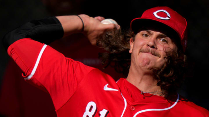 Cincinnati Reds non-roster invitee pitcher Rhett Lowder (81) throws in the bullpen during spring training workouts, Friday, Feb. 16, 2024, at the team   s spring training facility in Goodyear, Ariz.