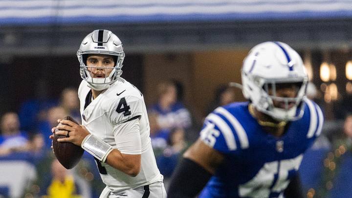 Dec 31, 2023; Indianapolis, Indiana, USA; Las Vegas Raiders quarterback Aidan O'Connell (4) drops back to pass the ball in the first quarter against the Indianapolis Colts at Lucas Oil Stadium. Mandatory Credit: Trevor Ruszkowski-USA TODAY Sports Dec 31, 2023; Indianapolis, Indiana, USA; Las Vegas Raiders quarterback Aidan O'Connell (4) drops back to pass the ball in the first quarter against the Indianapolis Colts at Lucas Oil Stadium. Mandatory Credit: Trevor Ruszkowski-USA TODAY Sports