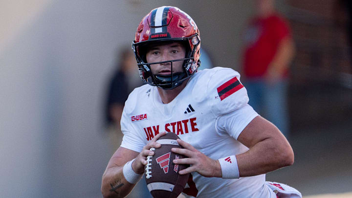 Jacksonville State Gamecocks quarterback Tyler Huff (6) looks for an open pass during their game against the Louisville Cardinals on Saturday, Sept. 7, 2024 at L&N Federal Credit Union Stadium in Louisville, Ky.