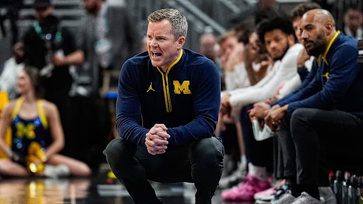 Michigan head coach Dusty May reacts to a play against Maryland during the first half of Big Ten Tournament semifinal at Gainbridge Fieldhouse in Indianapolis, Ind. on Saturday, March 15, 2025. Michigan head coach Dusty May reacts to a play against Maryland during the first half of Big Ten Tournament semifinal at Gainbridge Fieldhouse in Indianapolis, Ind. on Saturday, March 15, 2025.