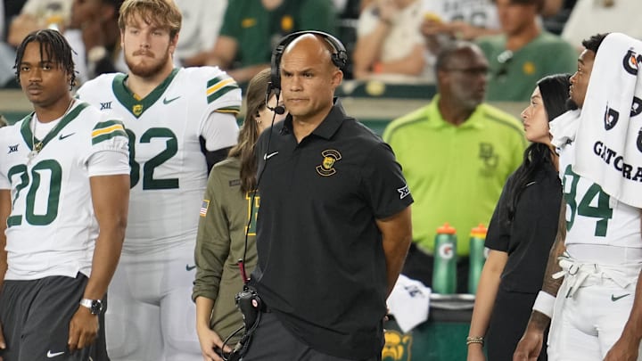 Nov 15, 2025; Waco, Texas, USA; Baylor Bears head coach Dave Aranda looks on from the sidelines during the first half against the Utah Utes at McLane Stadium. Mandatory Credit: Chris Jones-Imagn Images Nov 15, 2025; Waco, Texas, USA; Baylor Bears head coach Dave Aranda looks on from the sidelines during the first half against the Utah Utes at McLane Stadium. Mandatory Credit: Chris Jones-Imagn Images
